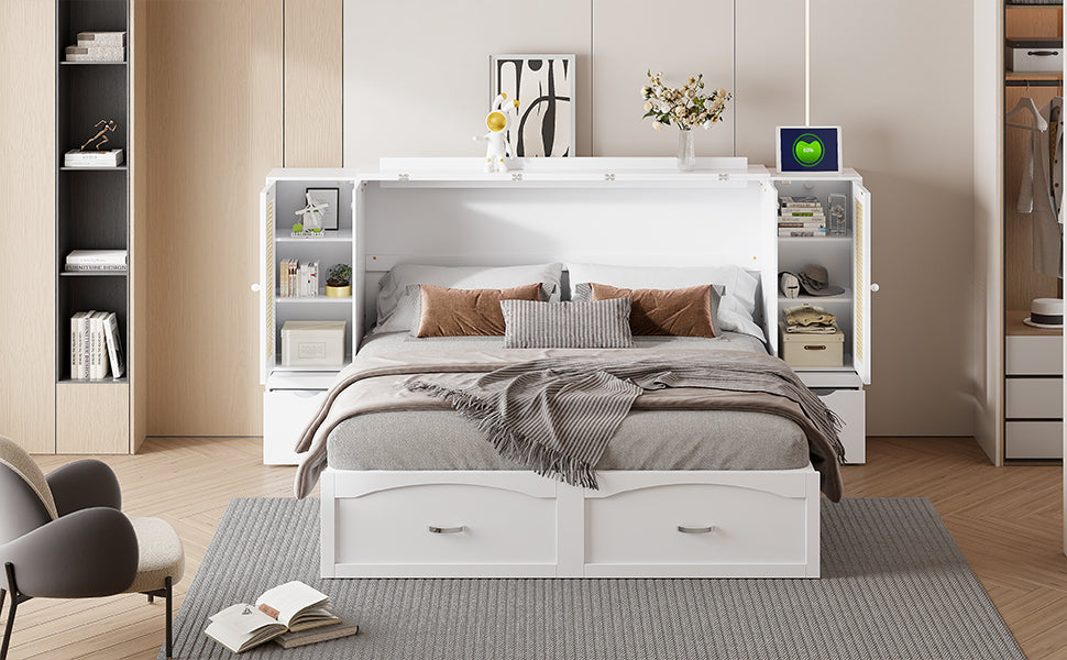 Queen Size Murphy Bed Wall Bed With Drawer And Rattan Decoration With 2 Storage Cabinets, One Set Of Sockets & Usb Ports, Pulley Structure Design, White Queen White Plywood