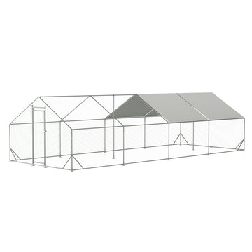 Large Metal Chicken Coop, Walk In Chicken Run,Galvanized Wire Poultry Chicken Hen Pen Cage, Rabbits Duck Cages With Waterproof And Anti Ultraviolet Cover For Outside 10' L X 26' W X 6.56' H Gray Metal