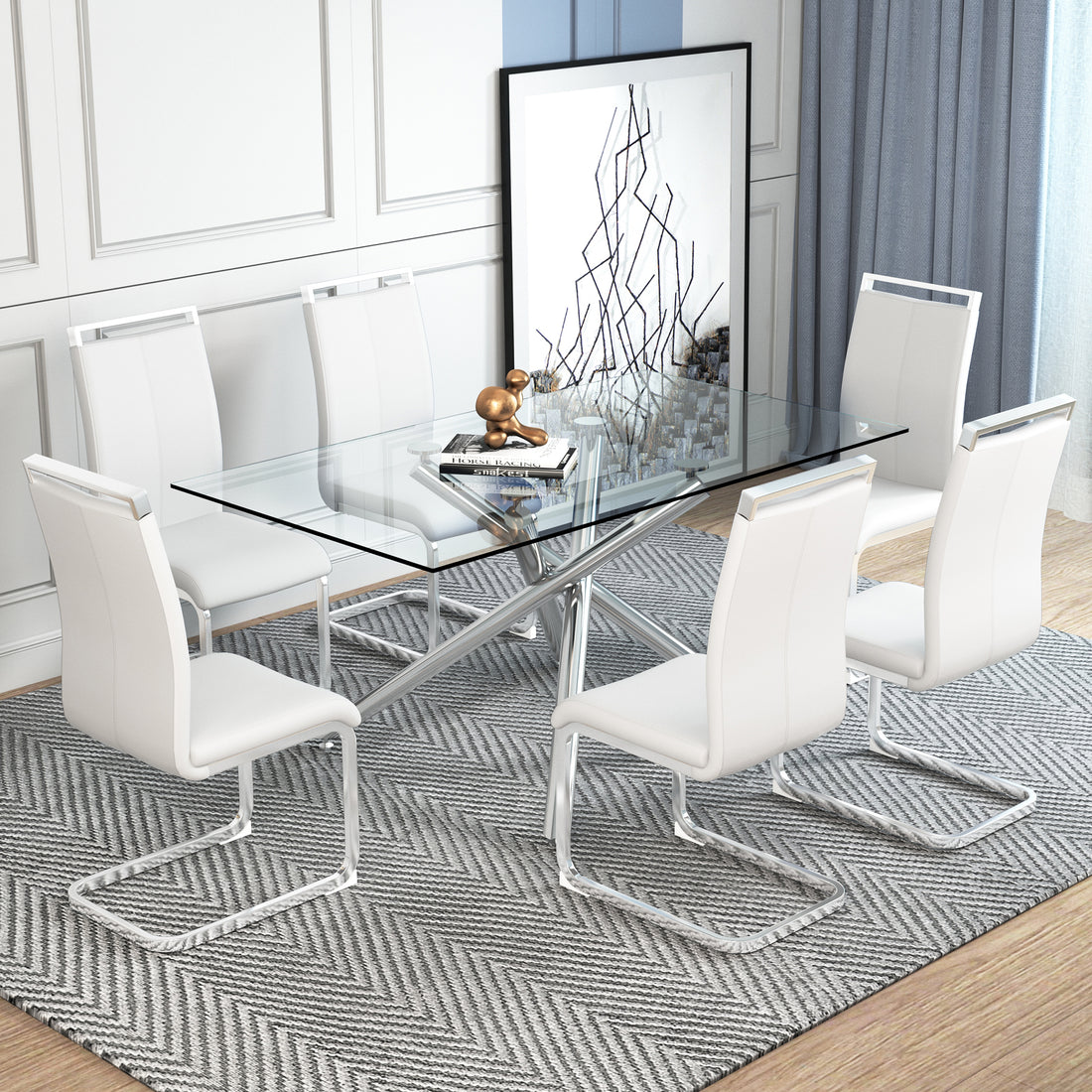 Table And Chair Set.Modern Luxurious Transparent Tempered Glass Dining Table Set.Paried With 6 Chairs With Pu Cushion And Silver C Tube Metal Legs. Transparent,White Seats 6 Glass Metal