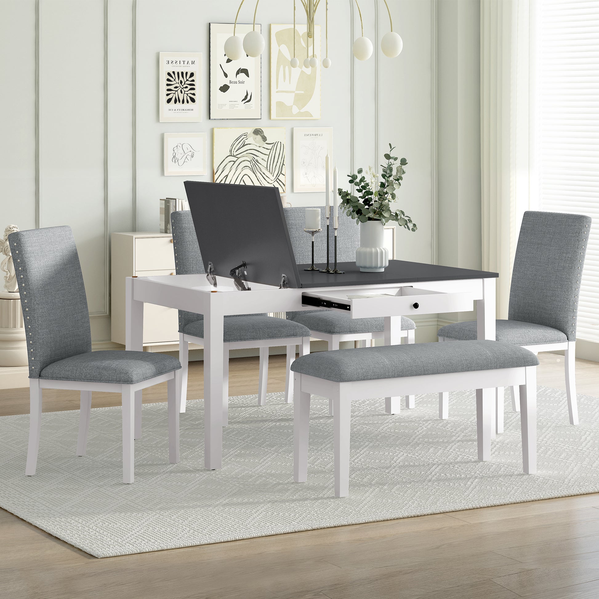 Farmhouse 6 Piece Dining Table Set With Storage Table, Kitchen Table Set With Drawer, Storable Bench And Upholstered Dining Chairs, White Gray White Wood Dining Room Bench Seating Acacia Rectangular Dining Table With Chair And Bench Upholstered Chair