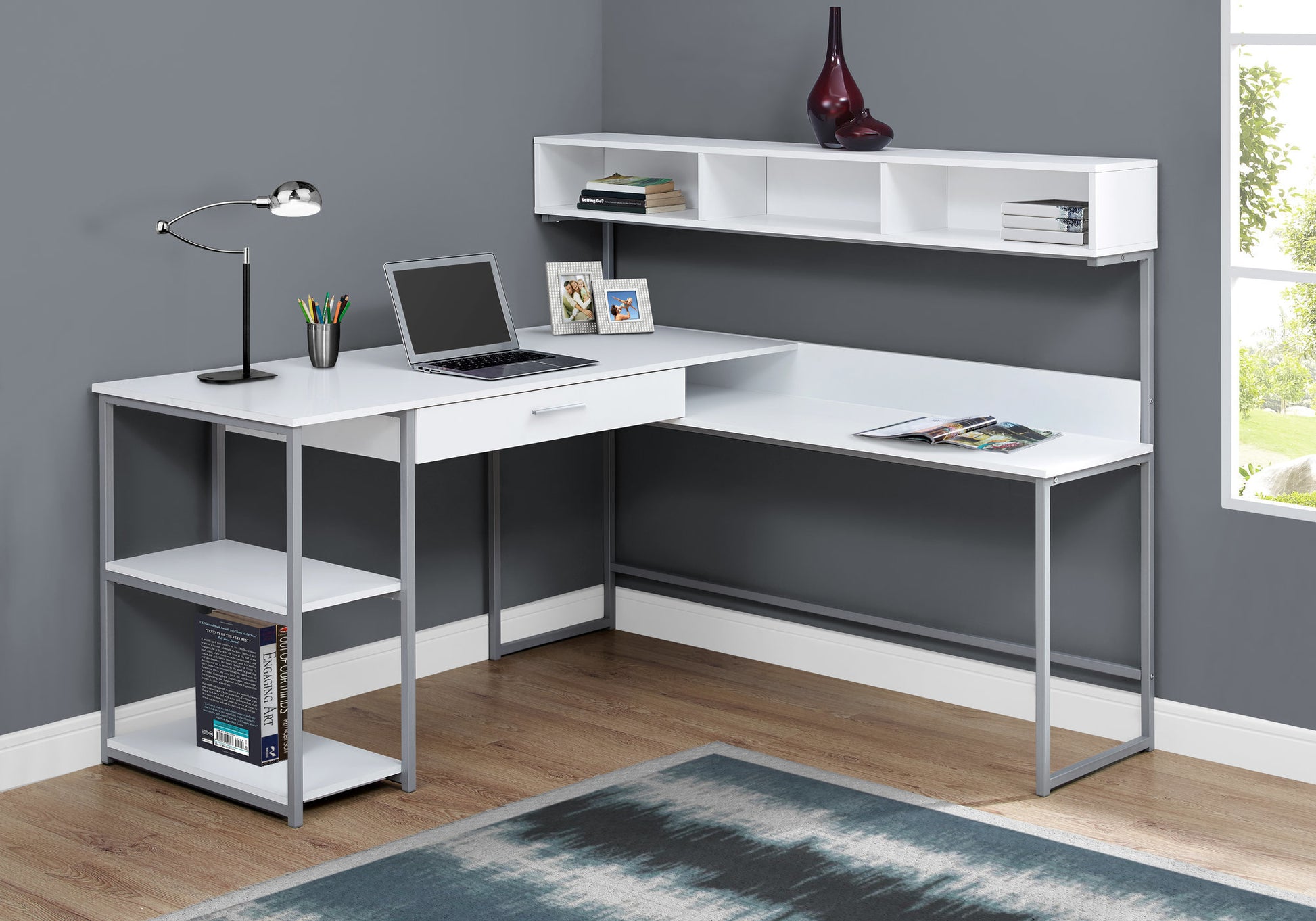 Computer Desk, Home Office, Corner, Storage Drawers, L Shape, Work, Laptop, White Laminate, Grey Metal, Contemporary, Modern White Mdf