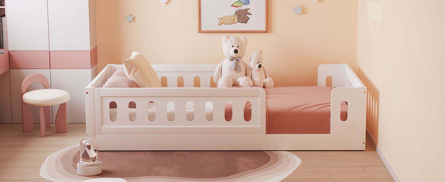 Wood Twin Size Platform Bed With Guardrail, White Box Spring Not Required Twin White Wood Bed Frame Solid Wood Mdf