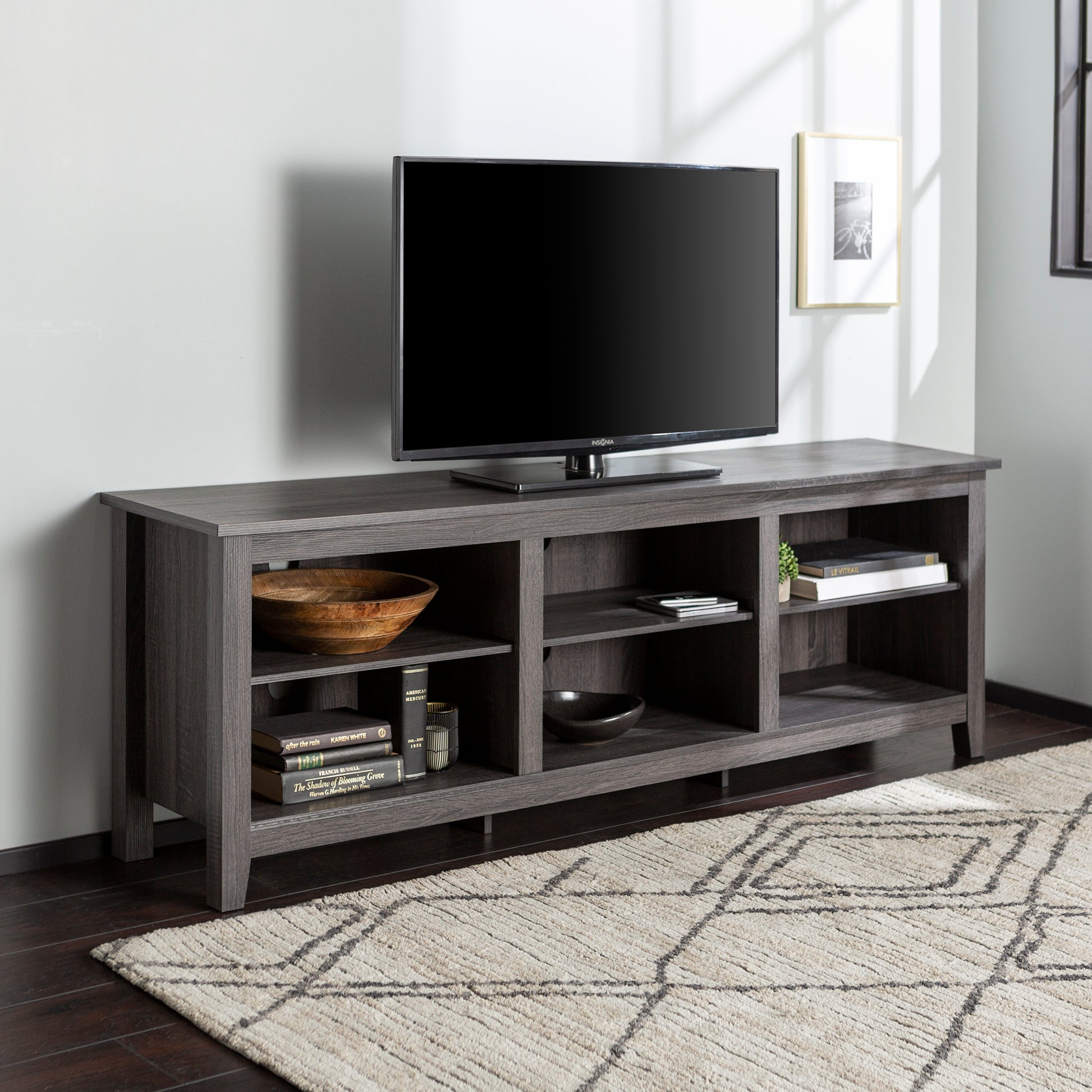 Modern Transitional 3 Shelf Open Storage 70" Tv Stand For 80" Tvs Charcoal Charcoal Grey Mdf