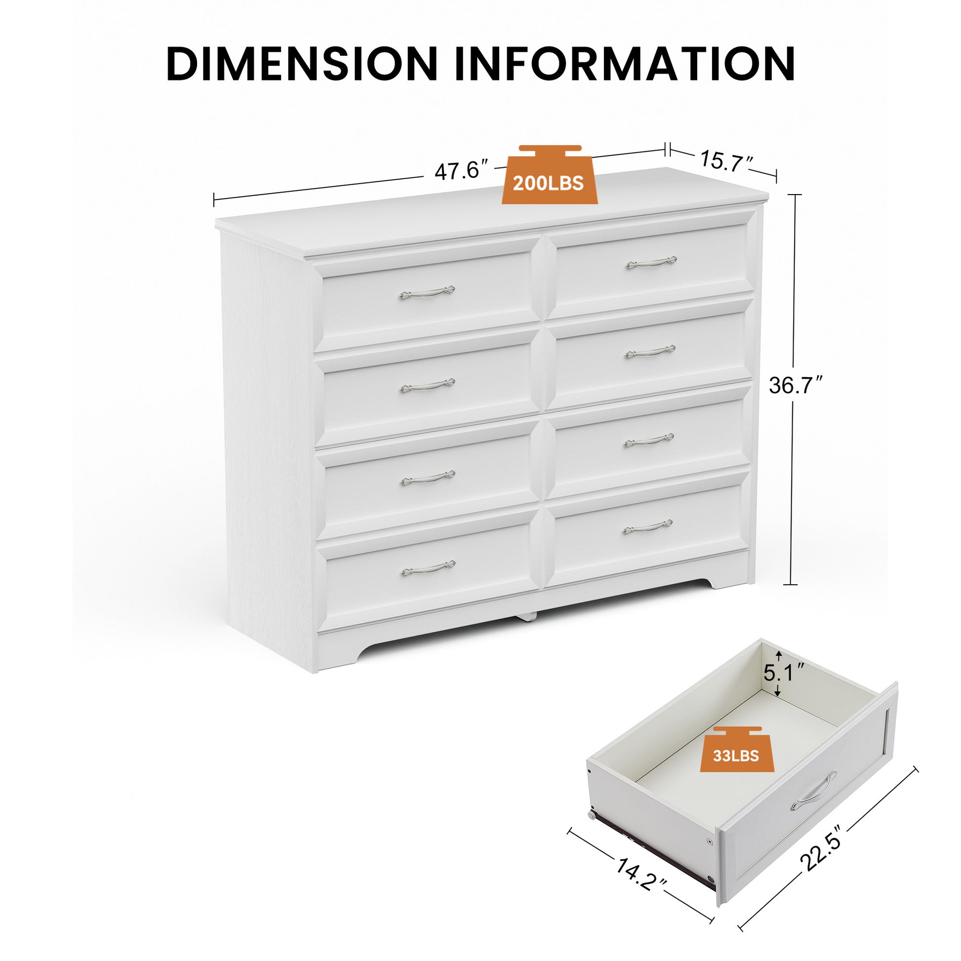 Modern 3 Drawer Bedroom Chest Of Drawers With 8 Drawers Dresser, Clothes Organizer Metal Pulls For Living Room, Bedroom, Hallway, White, 47.6 L X 15.7 W X 36.7 H 5 Or More Drawers White White Drawers Included Particle Board Mdf