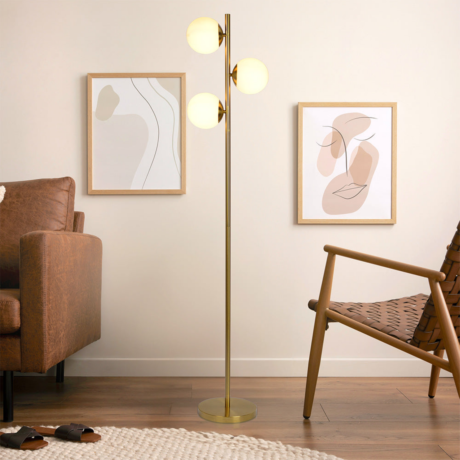 Brilliance Modern Gold Brush Floor Lamp, Opal Glass Shades And Round Metal Base Clear,Gold Table&Floor Lamps Brass,Glass