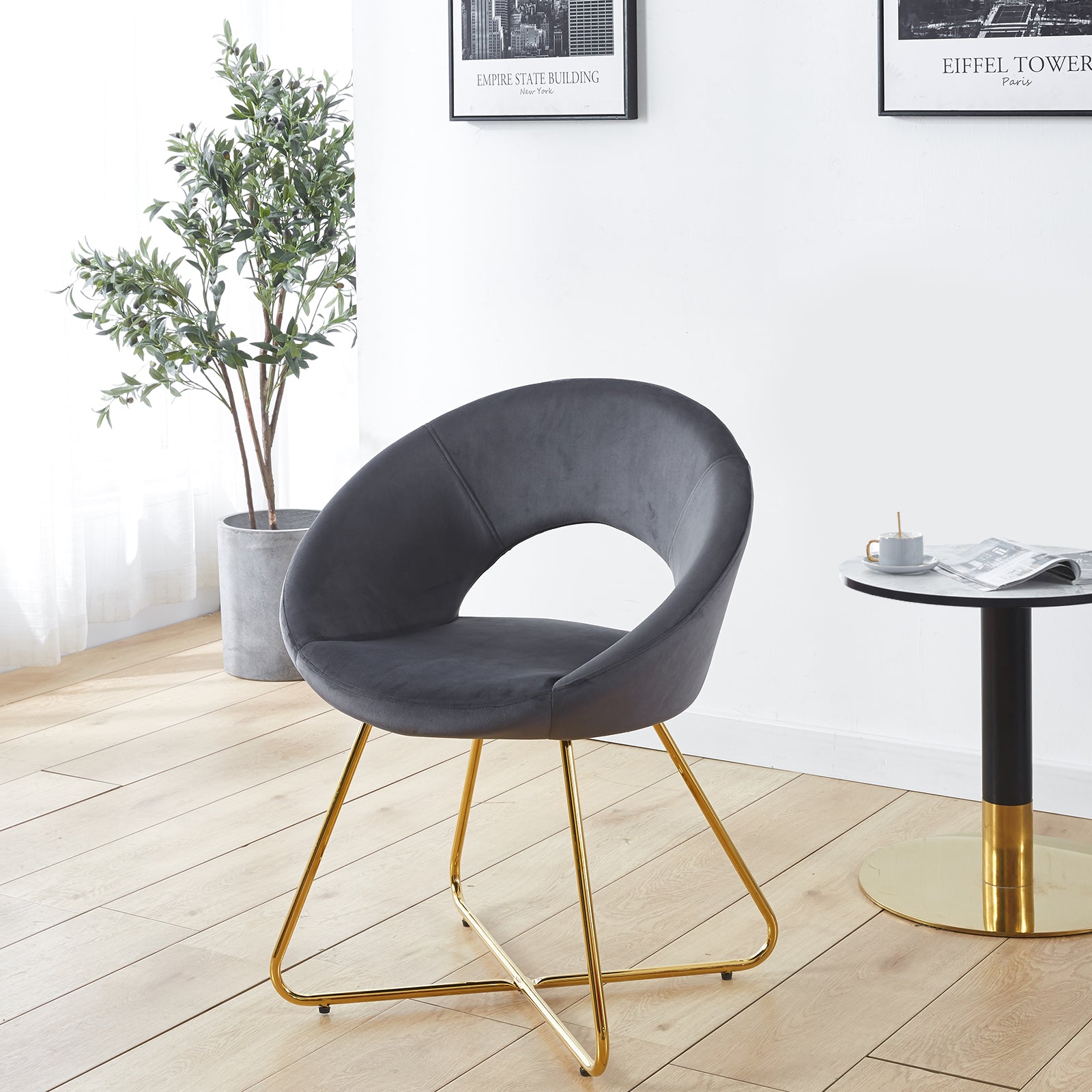 Modern Accent Velvet Chairs Set Of 2 Dining Chairs Single Sofa Comfy Upholstered Arm Chair Living Room Furniture Mid Century Leisure Lounge Chairs With Golden Metal Frame Legs Grey Velvet