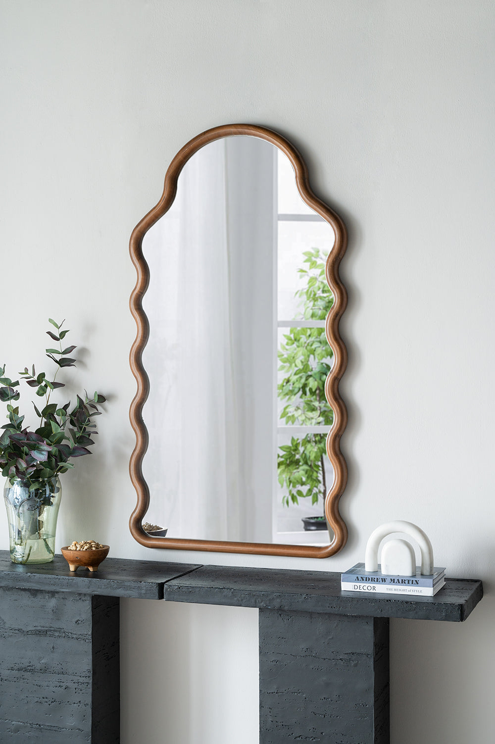 30X1.5X55" Arch Wood Mirror With Unique Frame Brown Pine