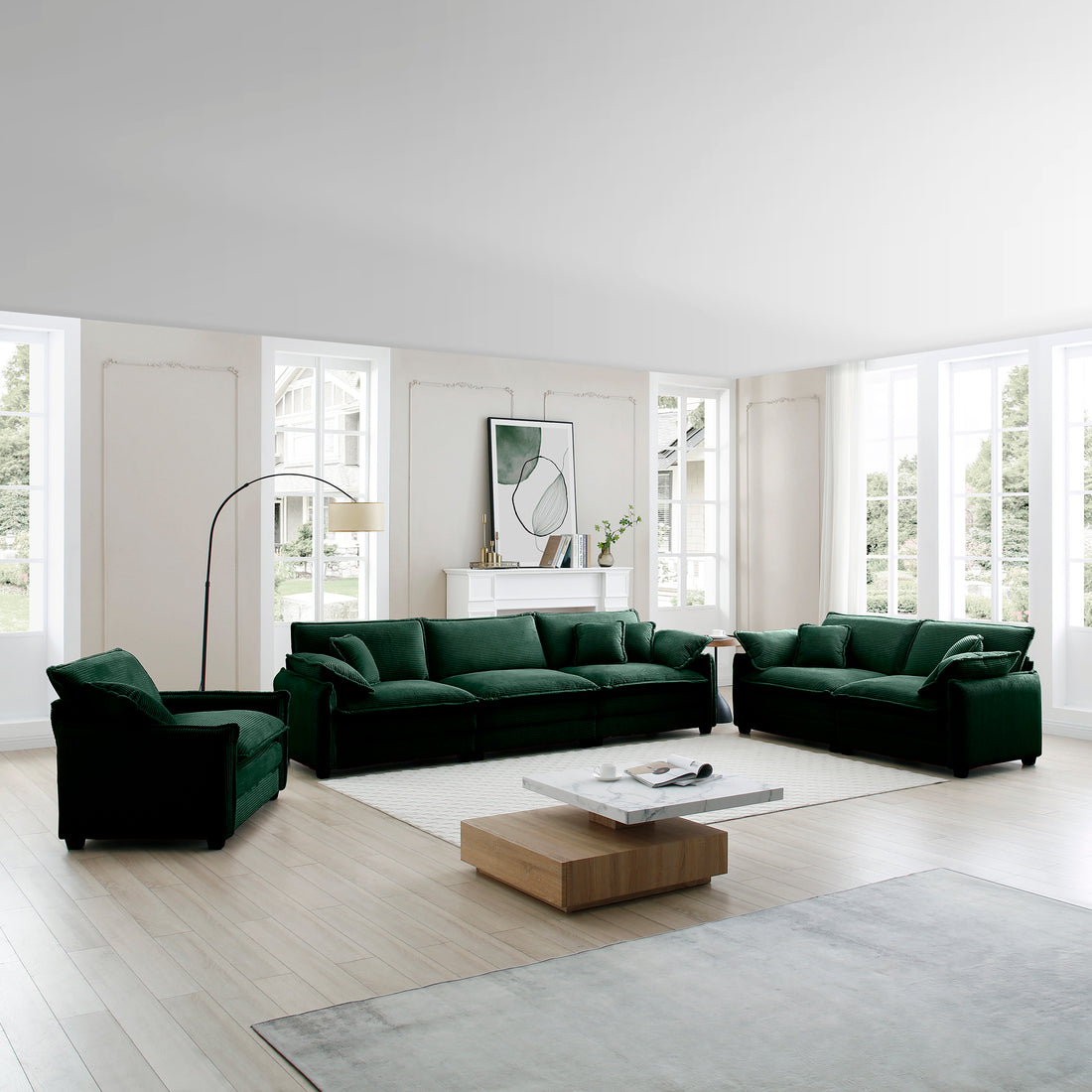 3 Piece Comfortable Oversized Sectional Sofa, One Single Sofa And One 2 Seater Sofa And One 3 Seater Sofa ,Green Corduroy Deep Seat Sofa Green Corduroy 6 Seat