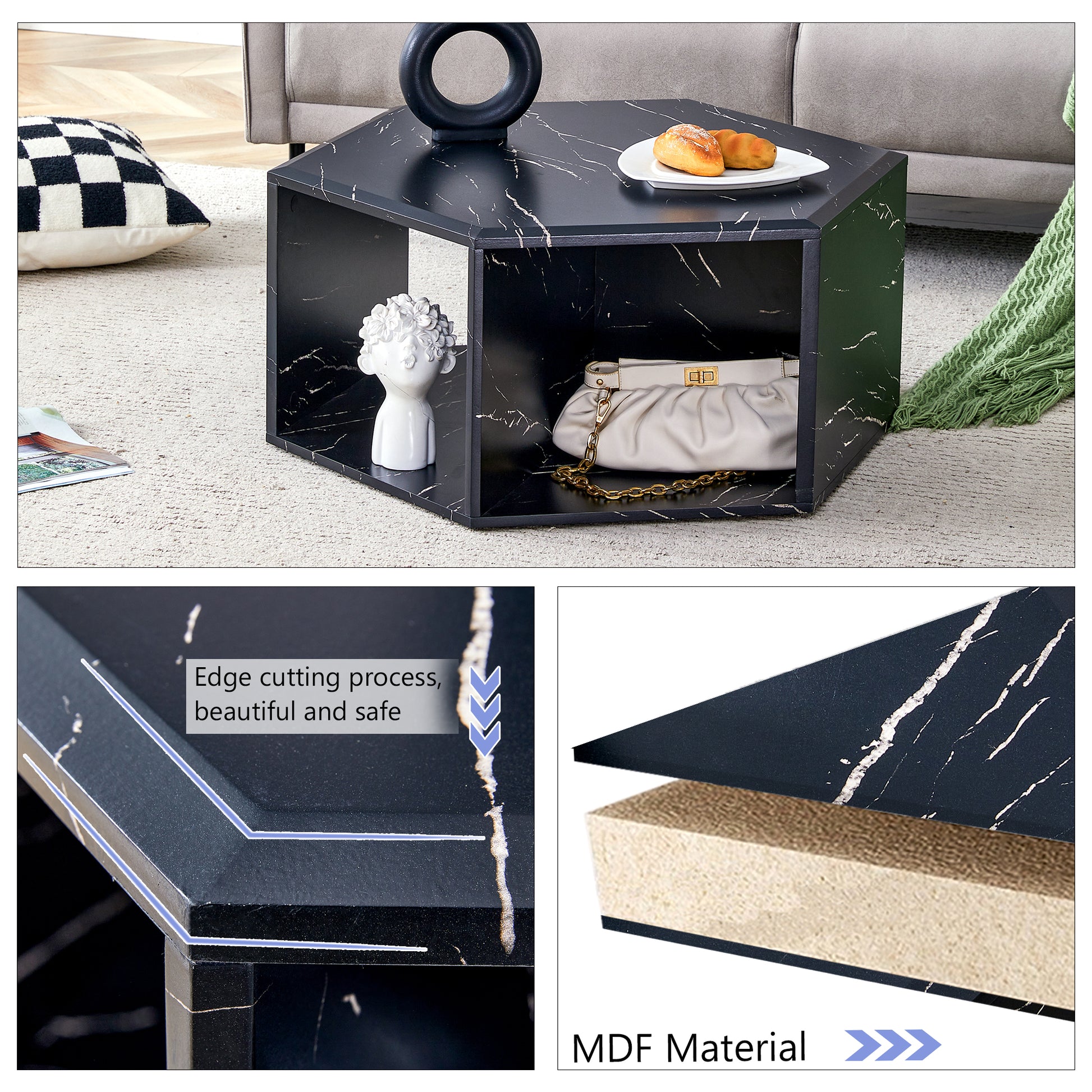 Hexagonal Mdf Coffee Table, Characteristic Pattern Stickers, Multi Hole Design To Give More Storage Space, Simple And Convenient Design Makes It Suitable For All Kinds Of Style Scenes. Black Mdf