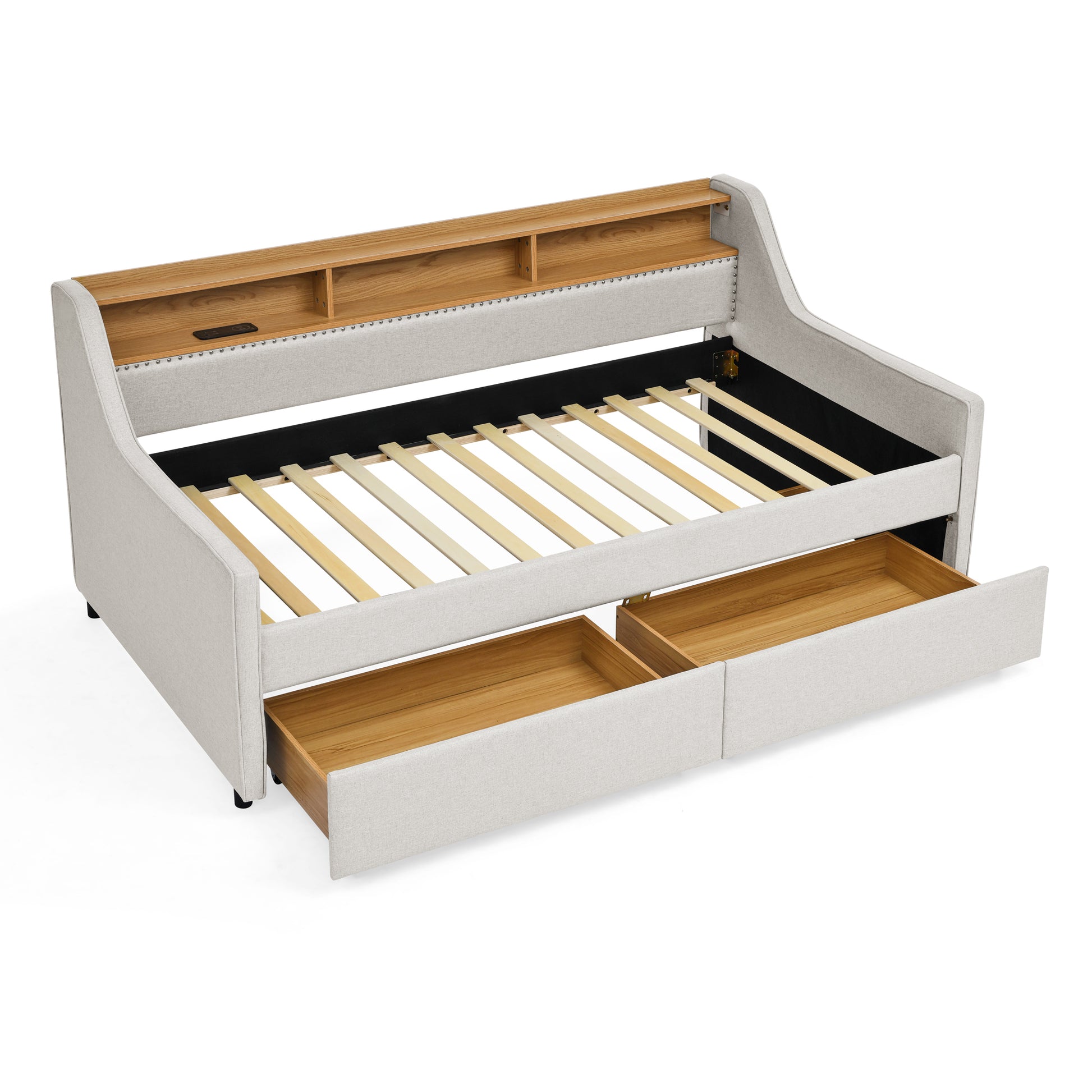 Twin Size Upholstery Sofa Bed With Three Led Lights, With Storage Adjustable Headboard, With Two Storage Pull Up Drawers And Wireless Charging, Linen Padded Sofa Bed Frame, Beige Box Spring Not Required Twin Beige Composite Bedroom Classic Eucalyptus