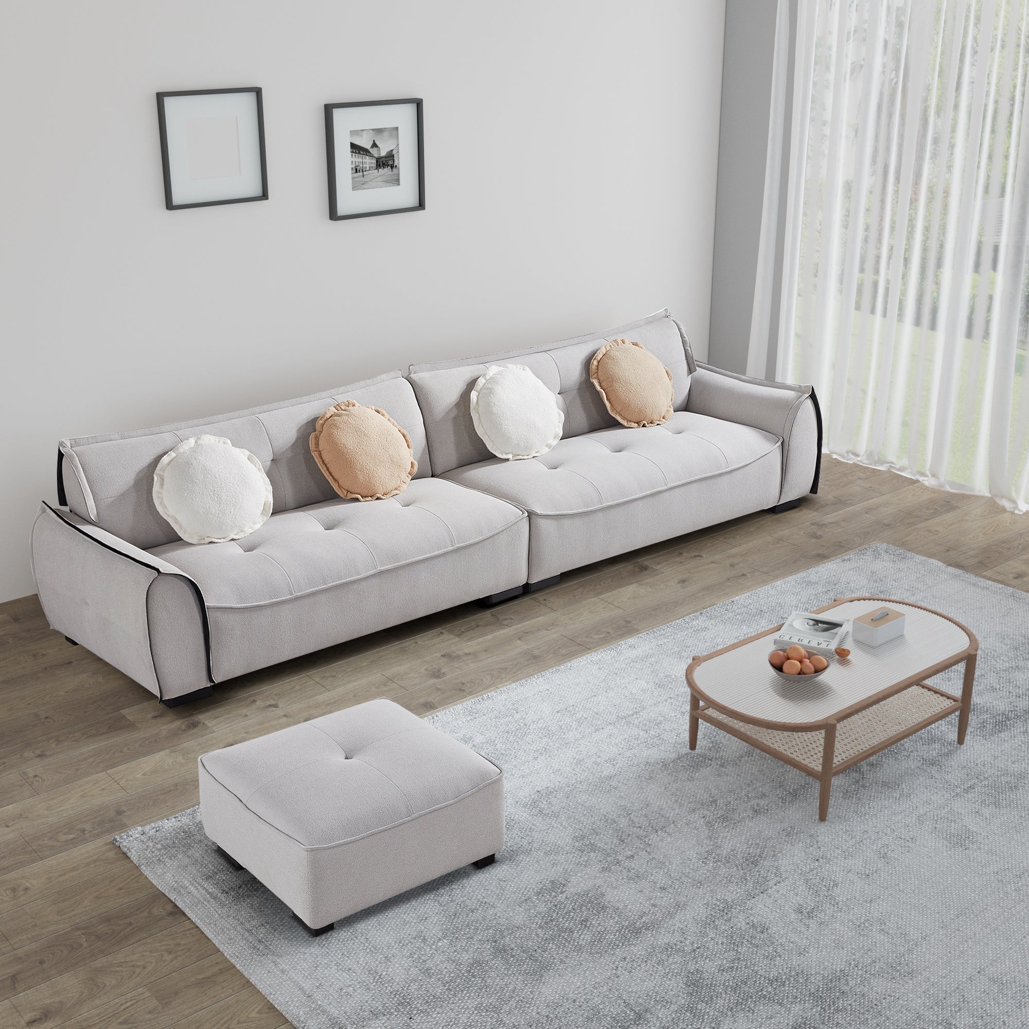 137.80" Chenille Sofa,4 Seater Modern Sofa Couch With Ottoman,Comfy Upholstered Sofa For Living Room Light Gray Wood Eucalyptus Chenille 4 Seat