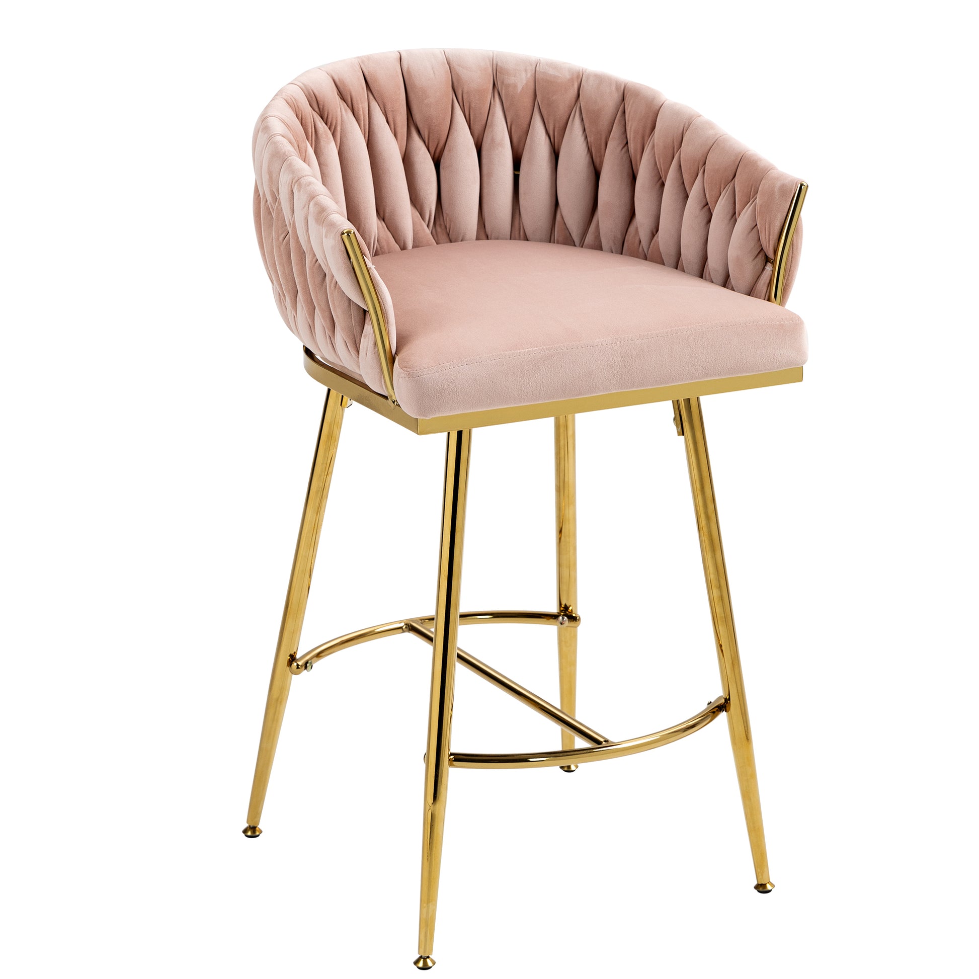 26'' Counter Height Bar Stools Set Of 2 Kitchen Island Counter Bar Stool With Hand Wave Back,Golden Chromed Base And Footrest Pink Pink Kitchen Modern Foam Velvet