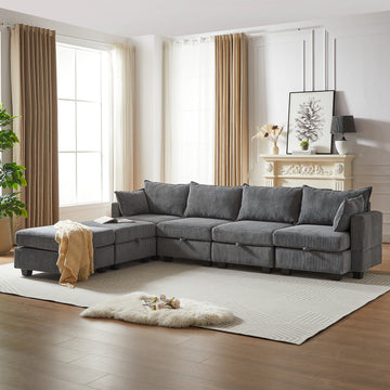 113.5'' Modular Sectiona Corduroy Sofa, Sectional Couches For Living Room U Shaped Sectional Couch With Storage Ottoman, 6 Seats Convertible Sectionals With Chaise Dark Gray Corduroy 6 Seat