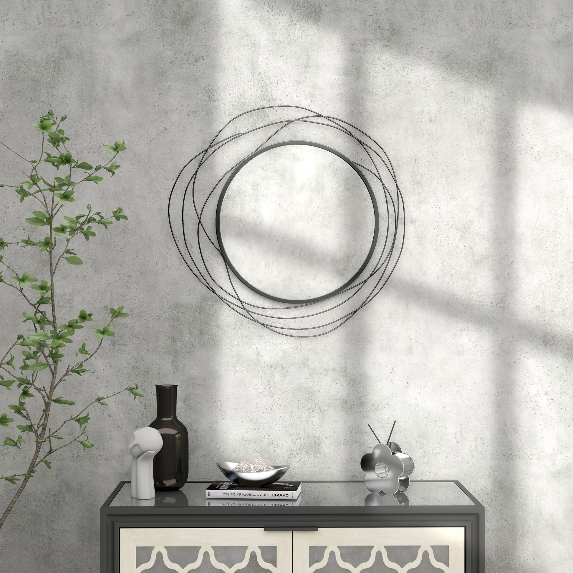 Homcom Metal Wall Art Modern Mirror Decor Home Hanging Wall Sculptures For Living Room Bedroom Dining Room, Black Black Mdf Glass