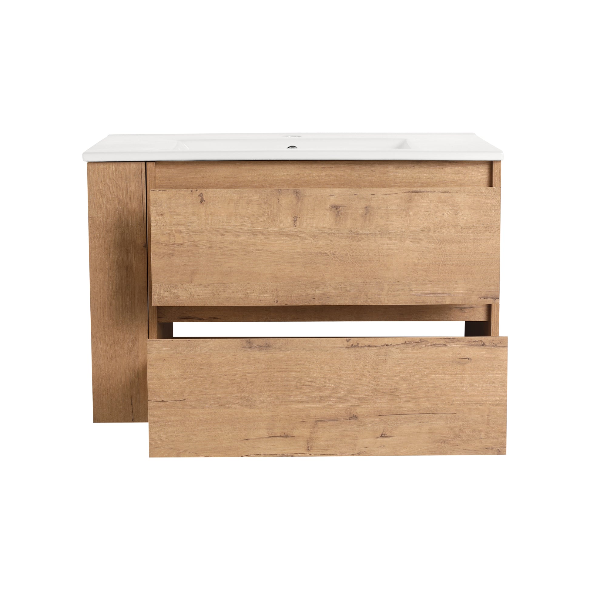 30" Wall Mounting Bathroom Vanity With Ceramic Sink, 2 Soft Close Drawer 2 Imitative Oak 1 Bathroom Wall Mounted Modern Plywood