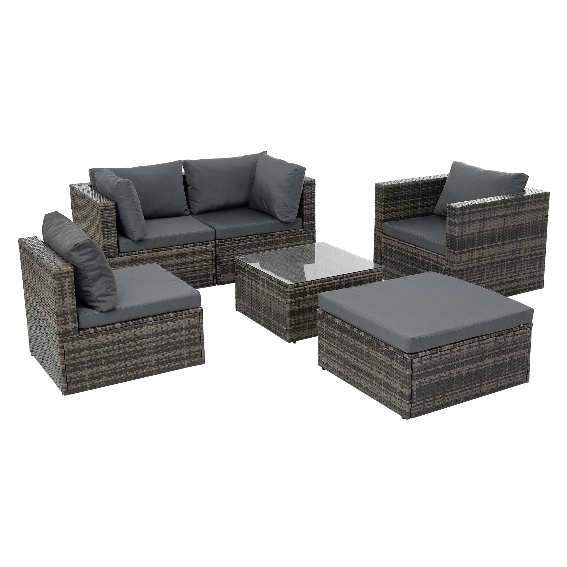 Patio Furniture, Outdoor Furniture, Seasonal Pe Wicker Furniture, 6 Set Wicker Furniture With Tempered Glass Coffee Table Dark Gray Seats 4 Pe Rattan Iron Waterproof Fabric