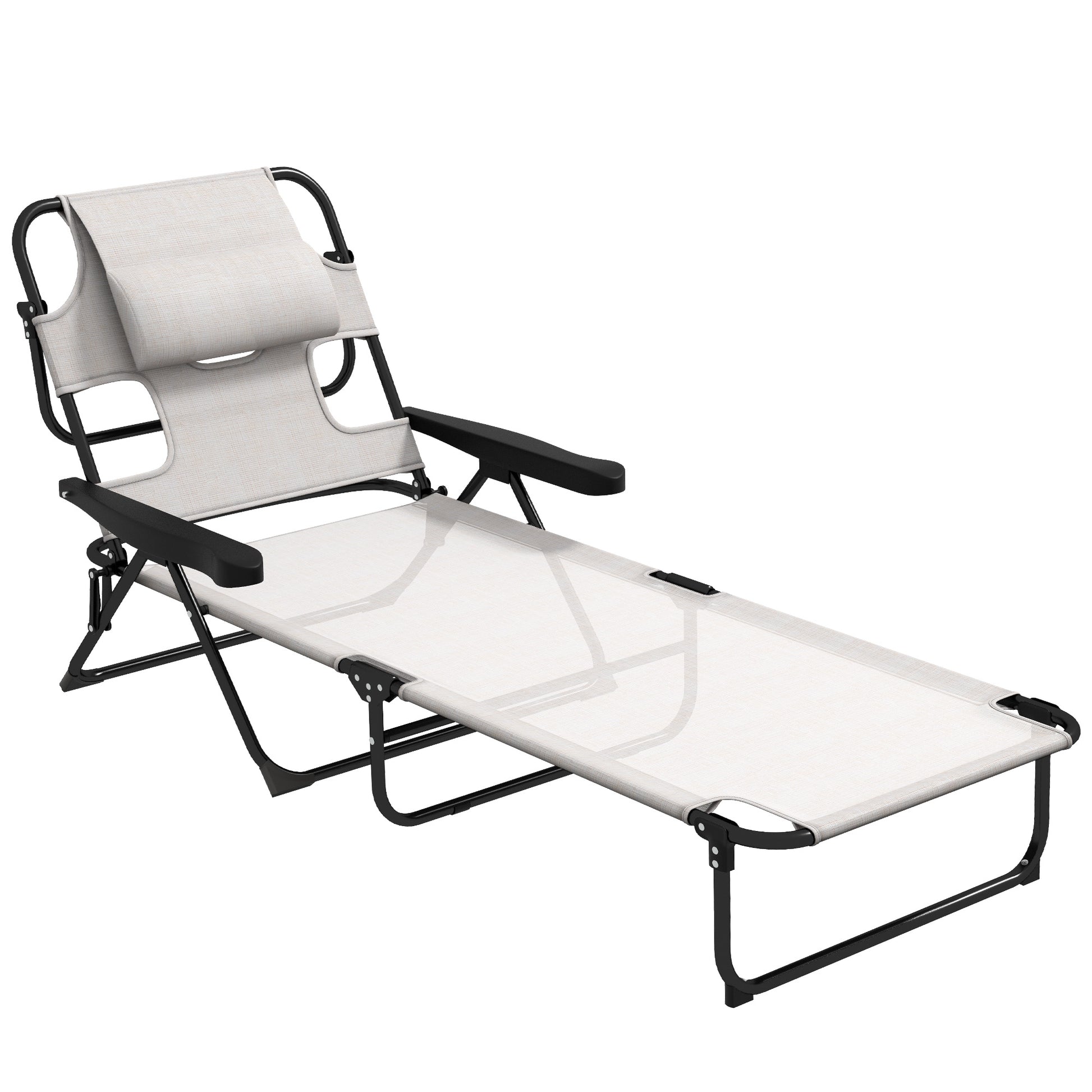 Outsunny Tanning Chaise Lounge Chair, 4 Position Beach Chair With Face & Arm Holes, Pillow Headrest, Adjustable Sunbathing Chair, Cream White Cream White Steel