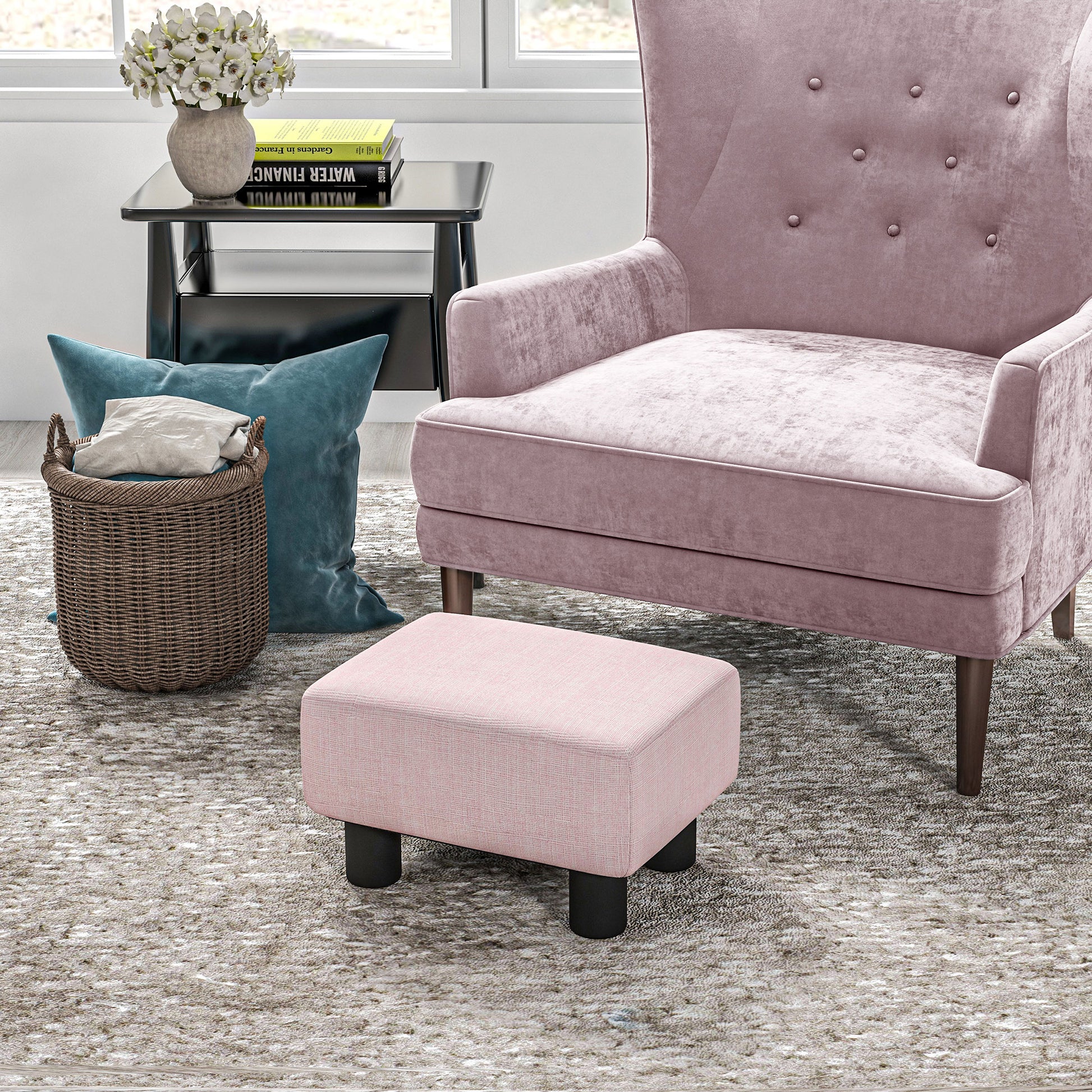 Homcom Ottoman Foot Rest, Small Foot Stool With Linen Fabric Upholstery And Plastic Legs, Cube Ottoman For Living Room, Pink Pink Linen