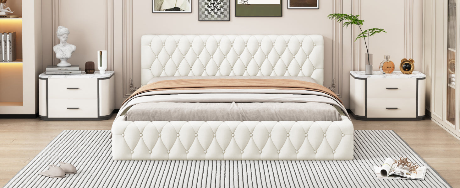 Queen Size Velvet Upholstered Platform Bed, With Luxurious Diamond Grid Headboard,Beige Queen Beige Plywood