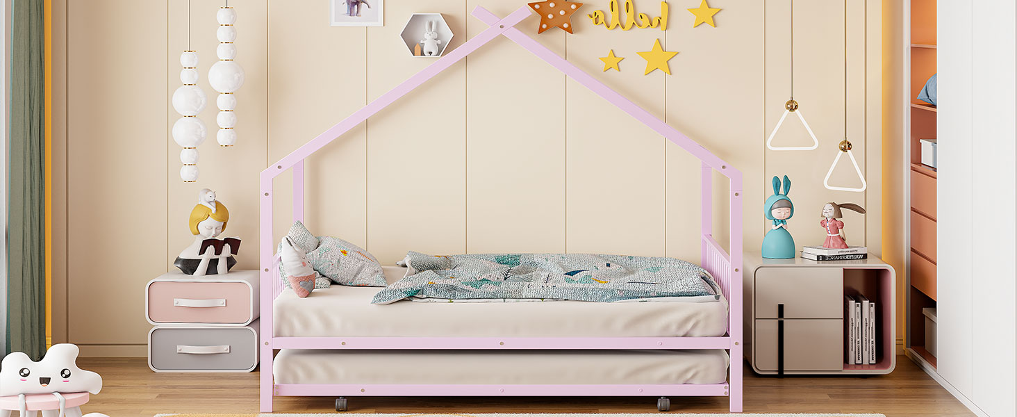 Full Size Metal House Bed With Twin Size Trundle, Pink Full Pink Metal