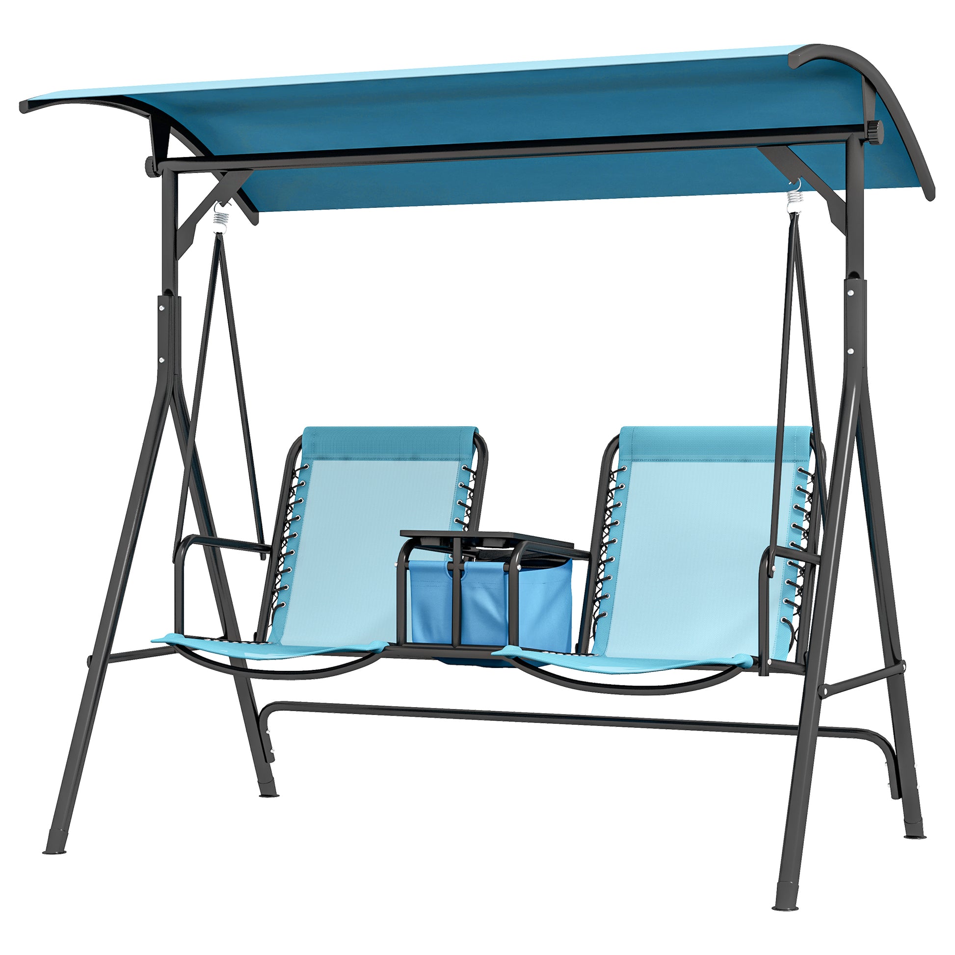 Outsunny 2 Seat Patio Swing Chair, Outdoor Canopy Swing Glider With Pivot Storage Table, Cup Holder, Adjustable Shade, Bungie Seat Suspension And Weather Resistant Steel Frame, Blue Blue Steel