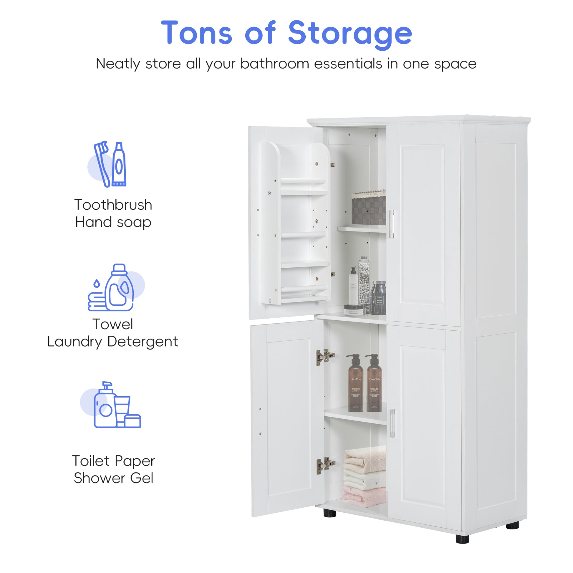 Tall And Wide Bathroom Floor Storage Cabinet, Bathroom Storage Unit, Freestanding Cabinet With 4 Doors, Adjustable Shelves, White White Mdf