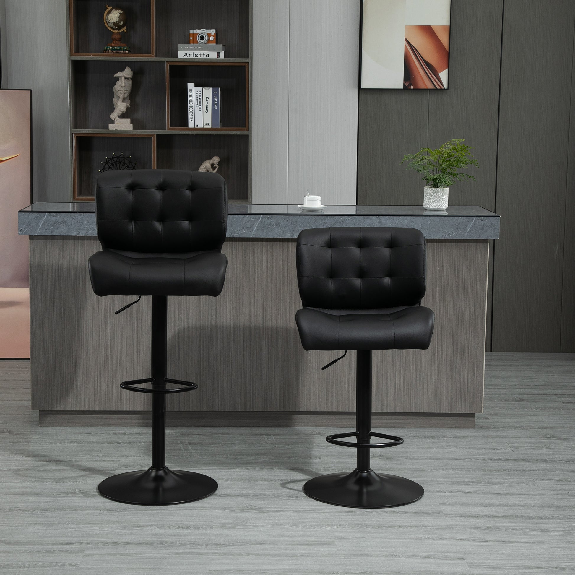 Homcom Bar Height Bar Stools Set Of 2 With Adjustable Seat, Thick Padded Cushion And Metal Footrest For Home Bar, Black Black Metal