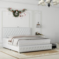 Queen Size Bed Frame With 4 Drawers, Star Galaxy Projector, Usb Charger, Music Speaker, Adjustable Upholstered Headboard With Diamond Button,Pu Leather White Pu Mdf Metal