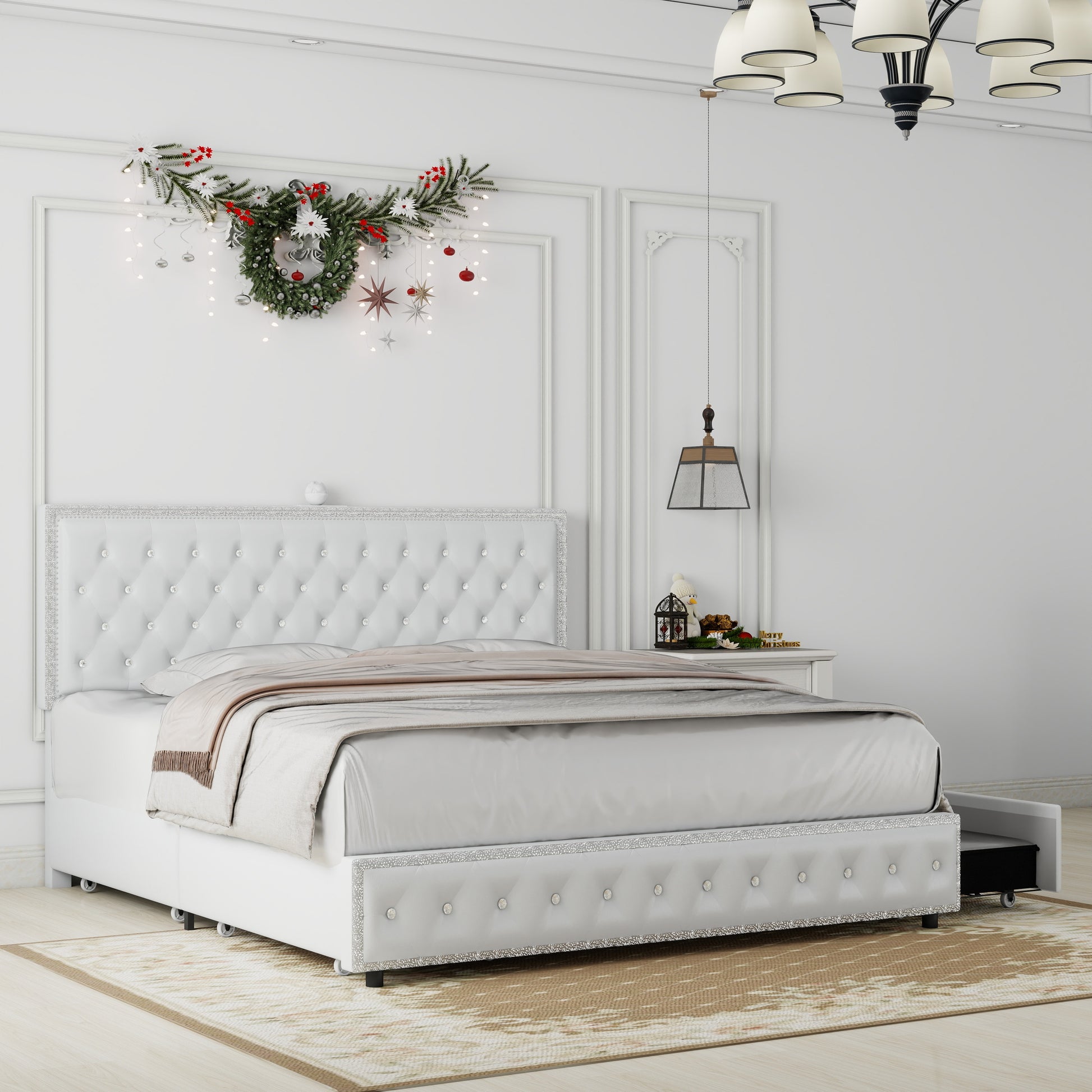 Queen Size Bed Frame With 4 Drawers, Star Galaxy Projector, Usb Charger, Music Speaker, Adjustable Upholstered Headboard With Diamond Button,Pu Leather White Pu Mdf Metal