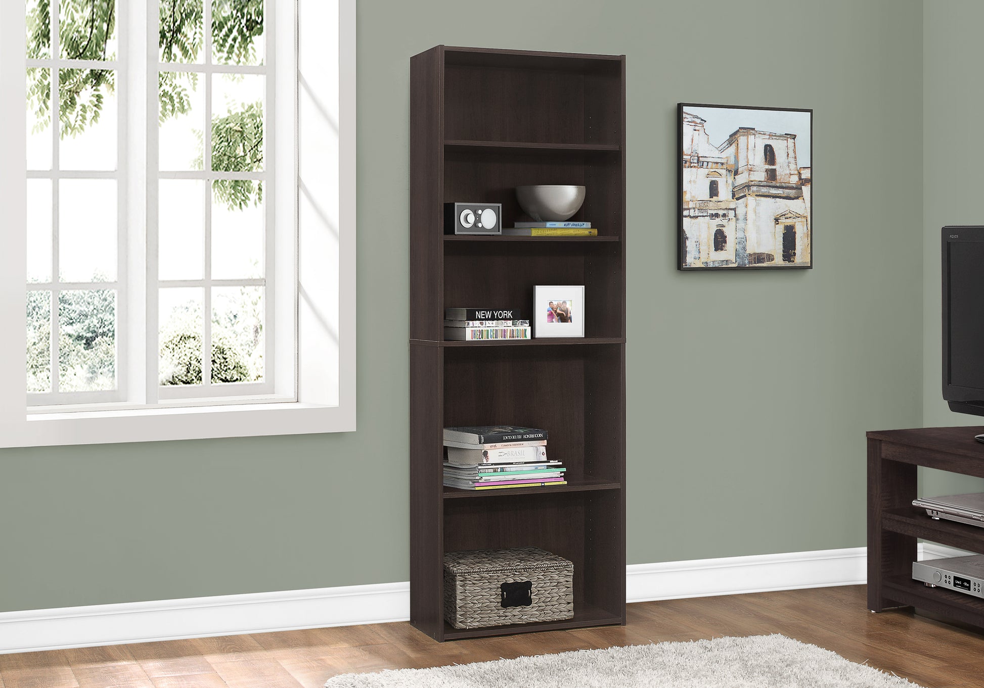 Bookshelf, Bookcase, 6 Tier, 72"H, Office, Bedroom, Brown Laminate, Transitional Espresso Particle Board