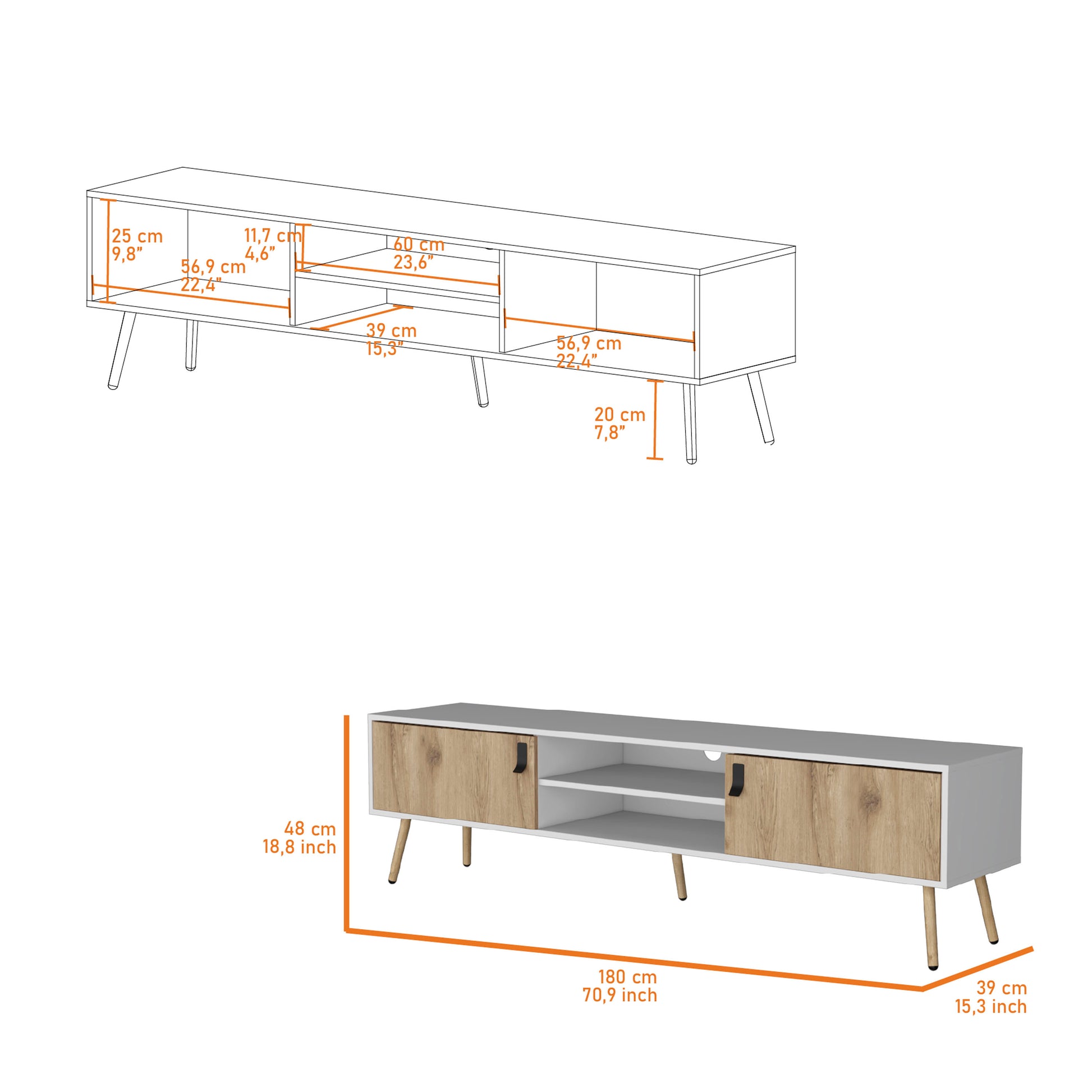 Kimball Tv Rack, Spacious Storage With 2 Hinged Drawers And Open Shelves Multicolor White Primary Living Space 70 Inches 60 69 Inches Modern Pine 70 Inches Particle Board Engineered Wood