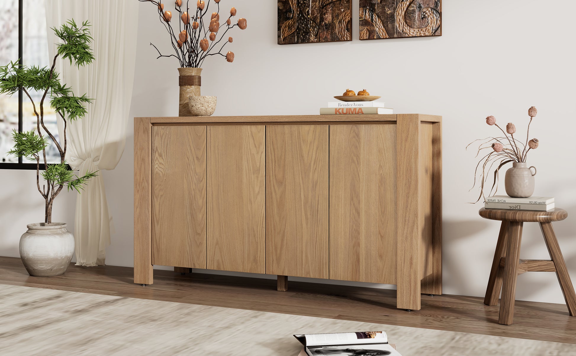 Retro 4 Door Sideboard With Distressed Finish And Adjustable Shelves For Dining Room, Kitchen, And Living Room Natural Natural Mdf,Rubber Wood