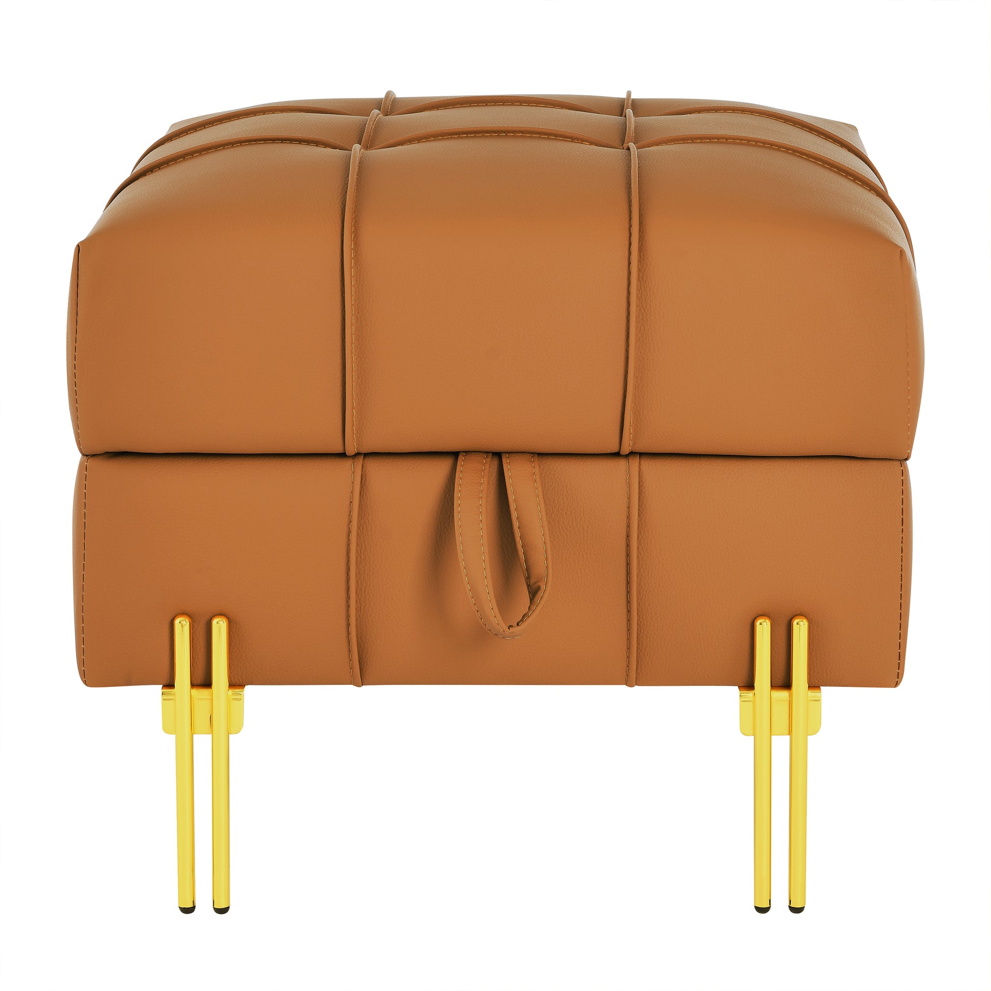 22 Inches Anti Scratch Leather Storage Ottoman, Pet Friendly Entryway Bench With Golden Stainless Steel Legs, Orange Orange Leather