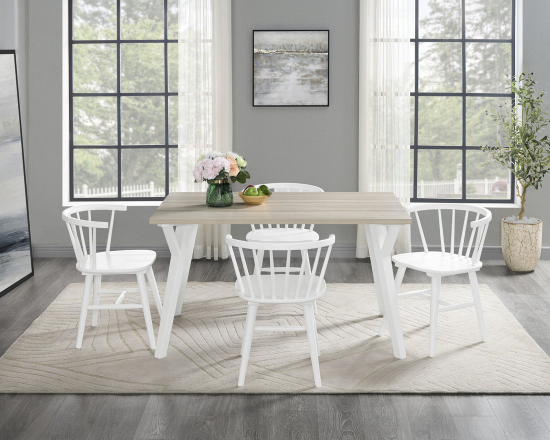 Roundhill Alwynn White And Natural Wood 5 Piece Dining Set, Dining Table With 4 Windsor Chairs Wood Wood Brown Antique White Seats 4 Wood Dining Room Fixed Table Rectangular 4 Leg Rectangular Dining Table With Chair Mdf