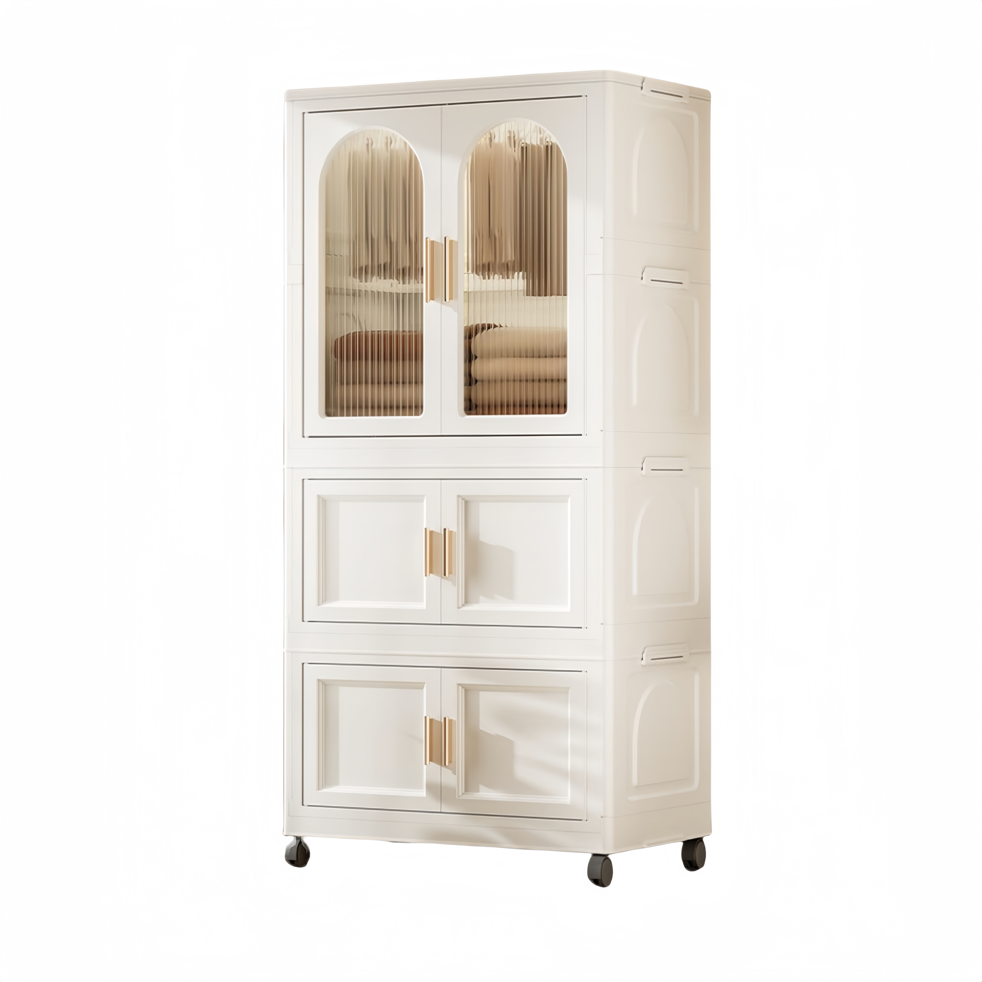 25.59" Side Wide Folding Wardrobe25.59" 15.75" 57.09", With Magnetic Door, Plastic Storage Cabinet With Wheels One Layer Of Wardrobe Two Layers Of Folding Boxes 10 Hangers Cream White Plastic