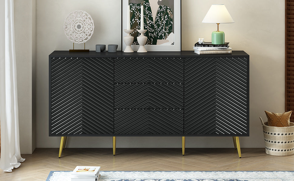 Modern Sideboard With Geometric Line Design, Conical Metal Legs, And Central Drawers For Stylish Storage, Suitable For Study, Entryway And Living Room Black Primary Living Space American Design Mdf