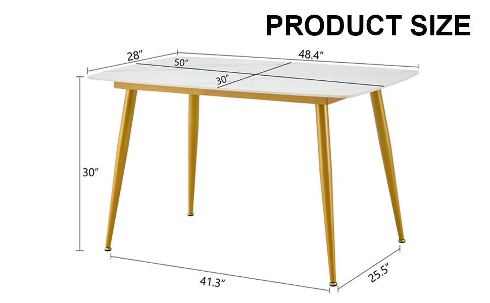 Modern Minimalist Dining Table. White Imitation Marble Patterned Stone Burning Tabletop With Golden Metal Legs. 50 "* 30" * 30 "F 001 Gold Sintered Stone