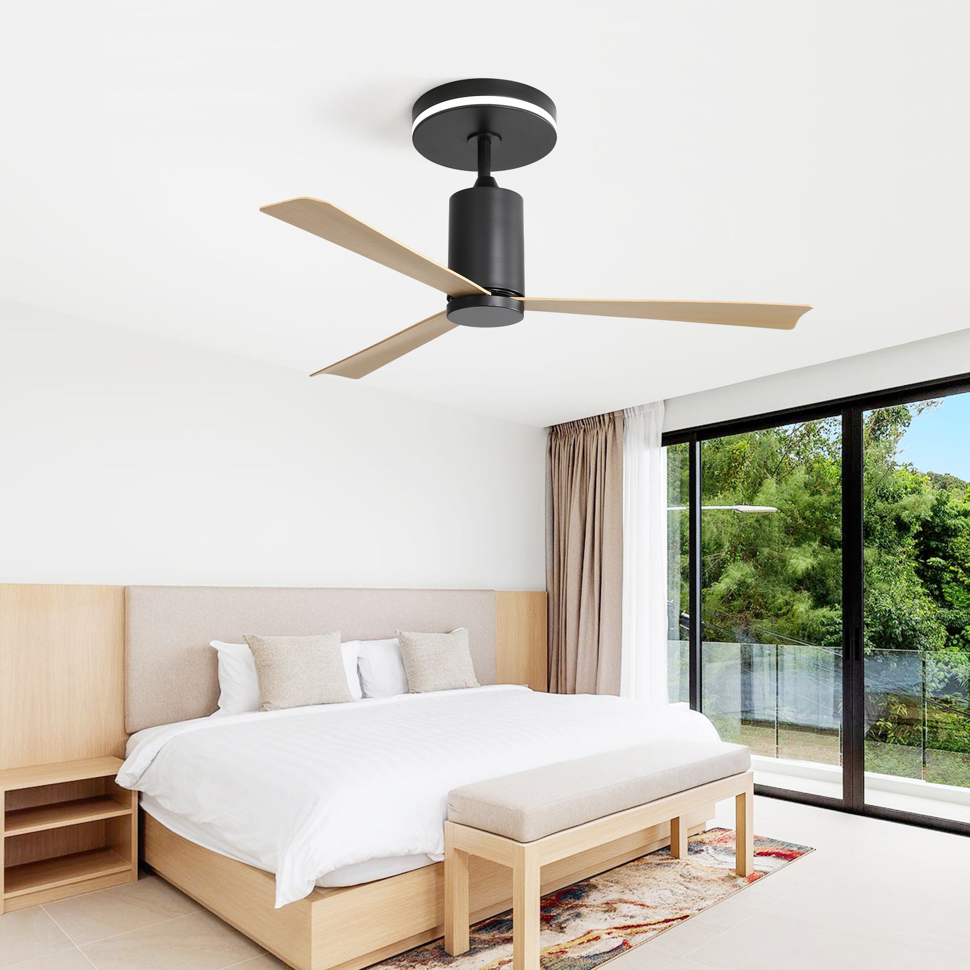 52 Inch Modern Flush Mount Ceiling Fan With Led Light And Remote Control, 3 Abs Blades Noiseless Reversible Dc Motor For Patio Living Room Black Abs