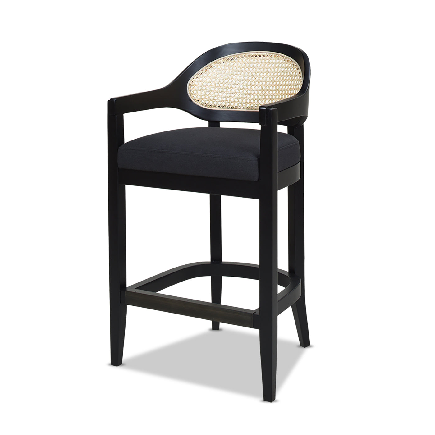 Americana Mid Century Modern 26" Cane Back Counter Stool, Jet Black Woven Black Foam Wood Fabric Rattan