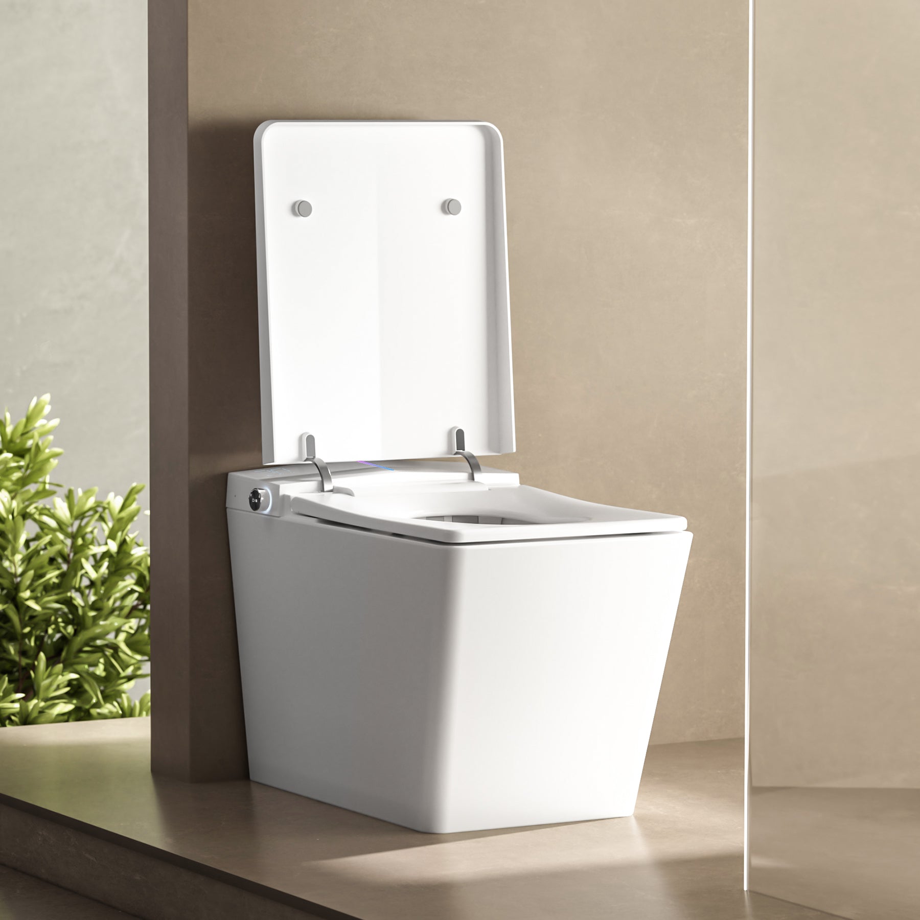 Square Smart Toilet With Built In Tank For Modern Bathroom, Remote Control, Tankless Bidet Toilet With Foot Touching Lid Opening, Auto Flush, Heated Seat, Led Digital Display, User Memory, White White Bathroom Porcelain