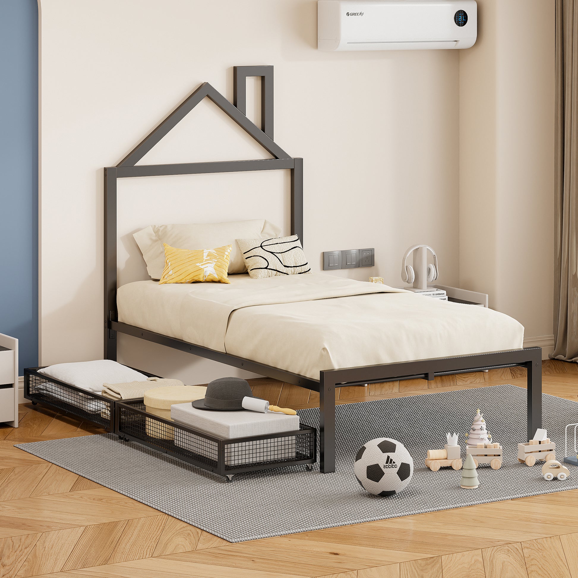 Twin Size Metal Platform Bed With Two Drawers,House Shaped Headboard Design, Black Twin Black Metal