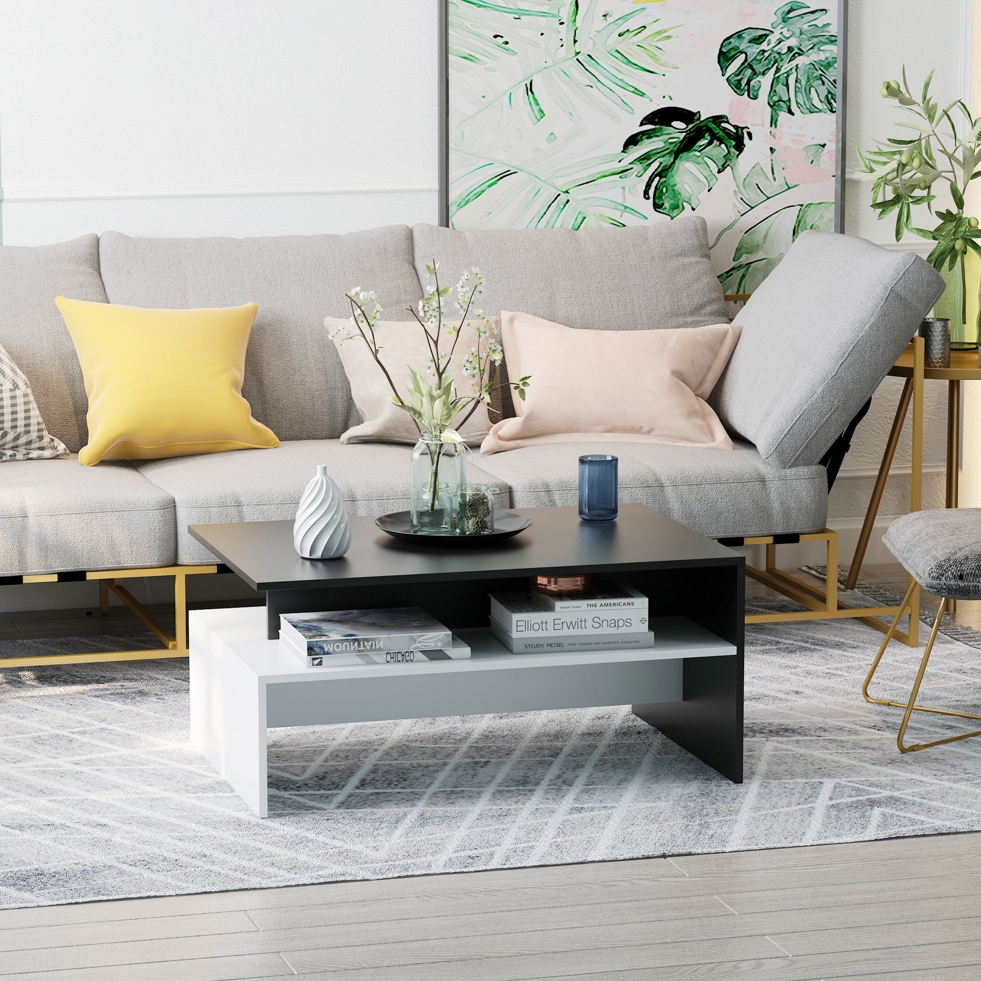 Homcom Modern Coffee Table, 2 Tier Rectangular Center Table With Storage Shelves For Living Room, Black White White Black Engineered Wood