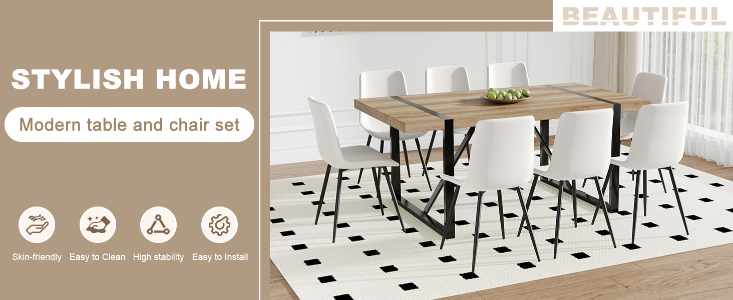 Table And Chair Set, Textured Top In Vintage Wood Color, Black Metal Legs. Dining Chair With White Faux Leather Backrest Cushion With Black Metal Legs. Wood Seats 8 Mdf Metal