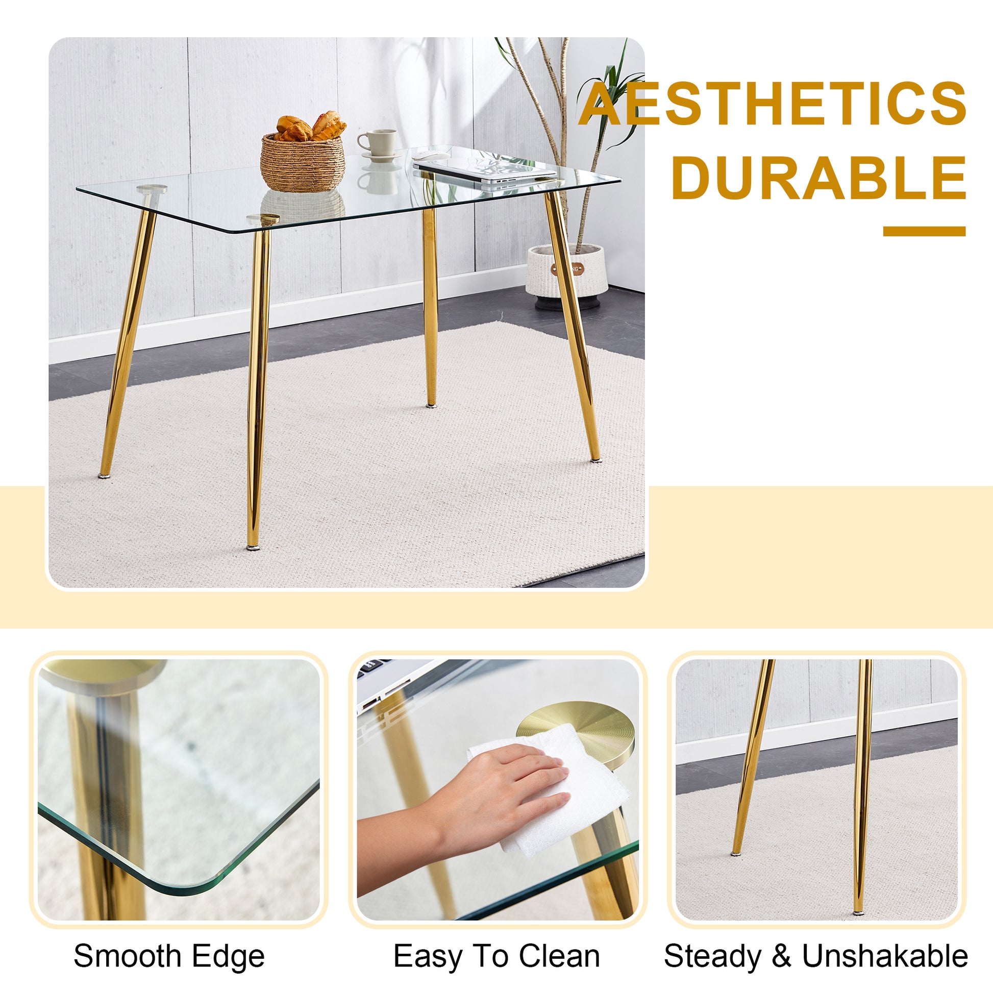 Modern Minimalist Rectangular Glass Dining Table For 4 6 With 0.31" Tempered Glass Tabletop And Golden Plating Metal Legs, Writing Table Desk, For Kitchen Dining Living Room, 51" *31"*30".F 1544 Golden Glass