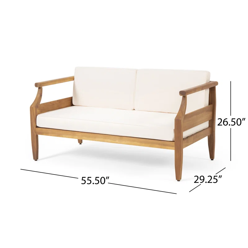 Aston Outdoor Mid Century Modern Cushioned Acacia 4 Seat Chat Set Loveseat & Coffee Table & Club Chair Teak Finish Cream Cushion Yes Complete Patio Set Teak Beige Seats 4 Weather Resistant Frame Water Resistant Cushion Garden & Outdoor Mid Century Modern