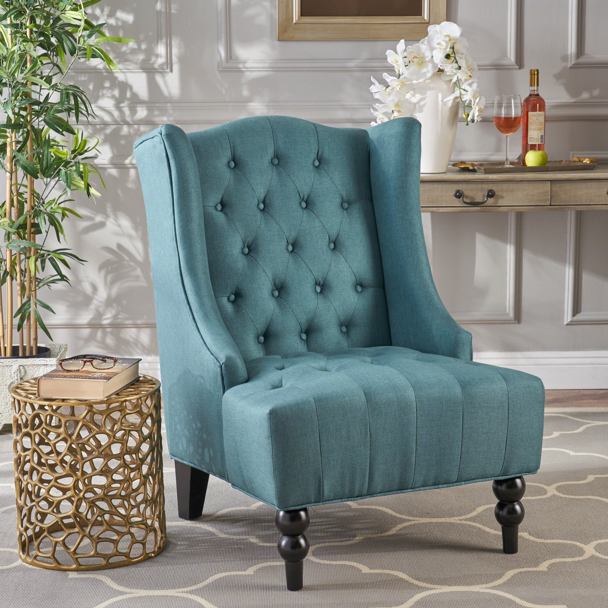 Upholstered Wingback Chair Teal Fabric - Main Image
