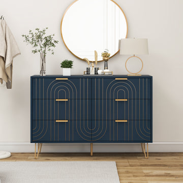 Modern 6 Drawer Dresser, Modern Dresser With Metal Handles, Storage Chest Of Drawer, Wide Dresser Drawer Organizers With Carving Design For Bedroom, Living Room, Hallway 5 Or More Drawers Dark Blue Modern Particle Board Mdf