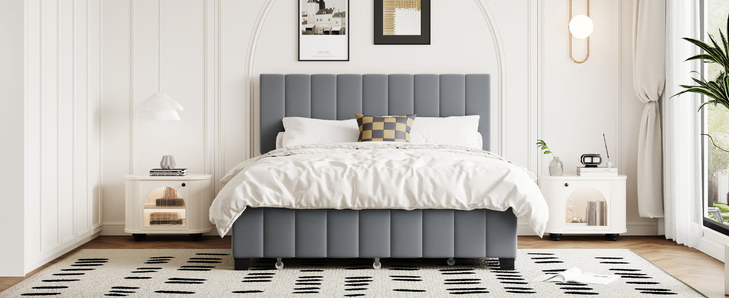 Queen Size Velvet Upholstered Platform Bed With 2 Drawers And 1 Twin Xl Trundle Gray Queen Gray Upholstered