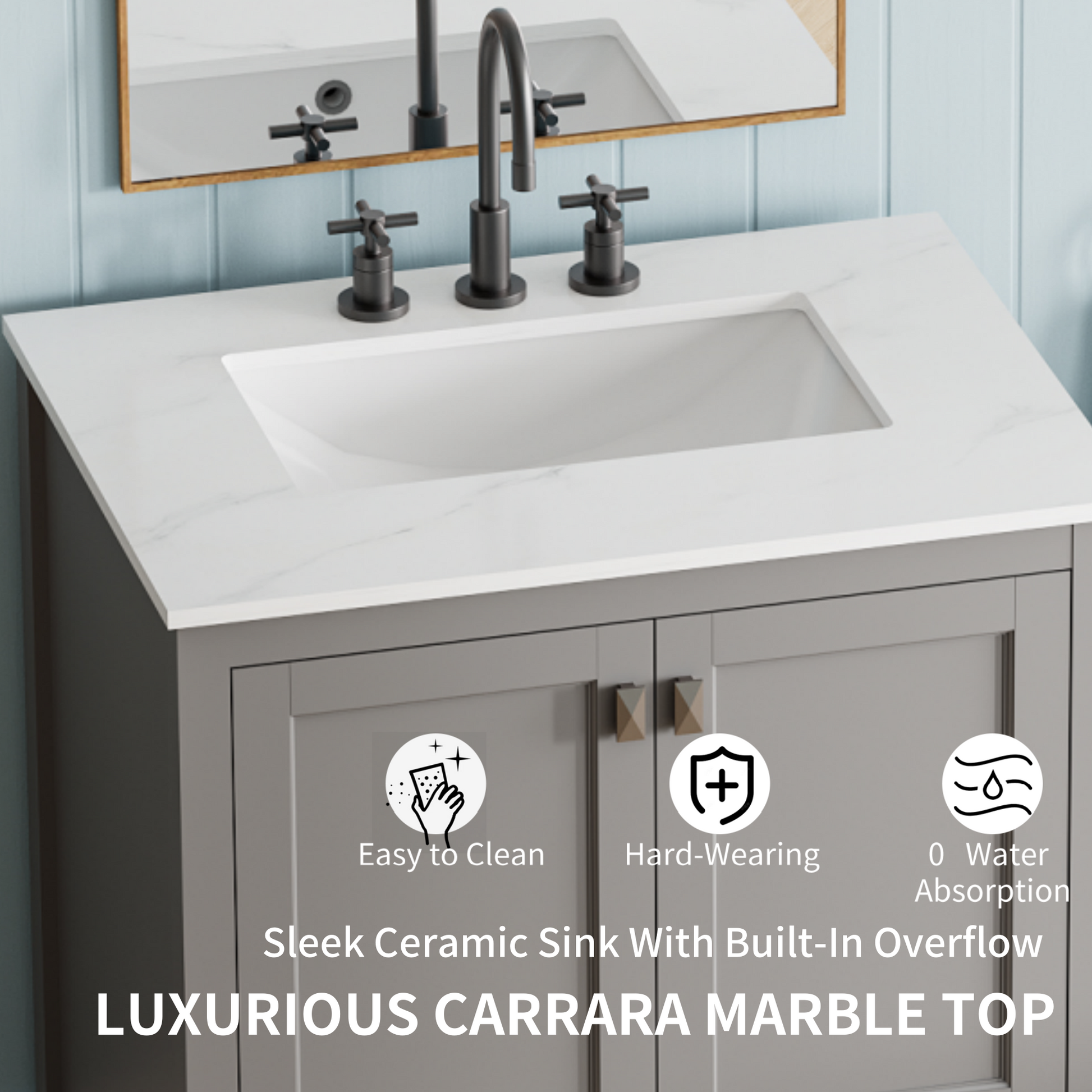 30 Inch Freestanding Bathroom Vanity With Sink, Carrara Engineered Marble Vanity Top With Undermounted Rectangular Ceramic Sink, Large Storage Soft Close Door, Grey 24V03 30Gr Grey Wood Solid Wood