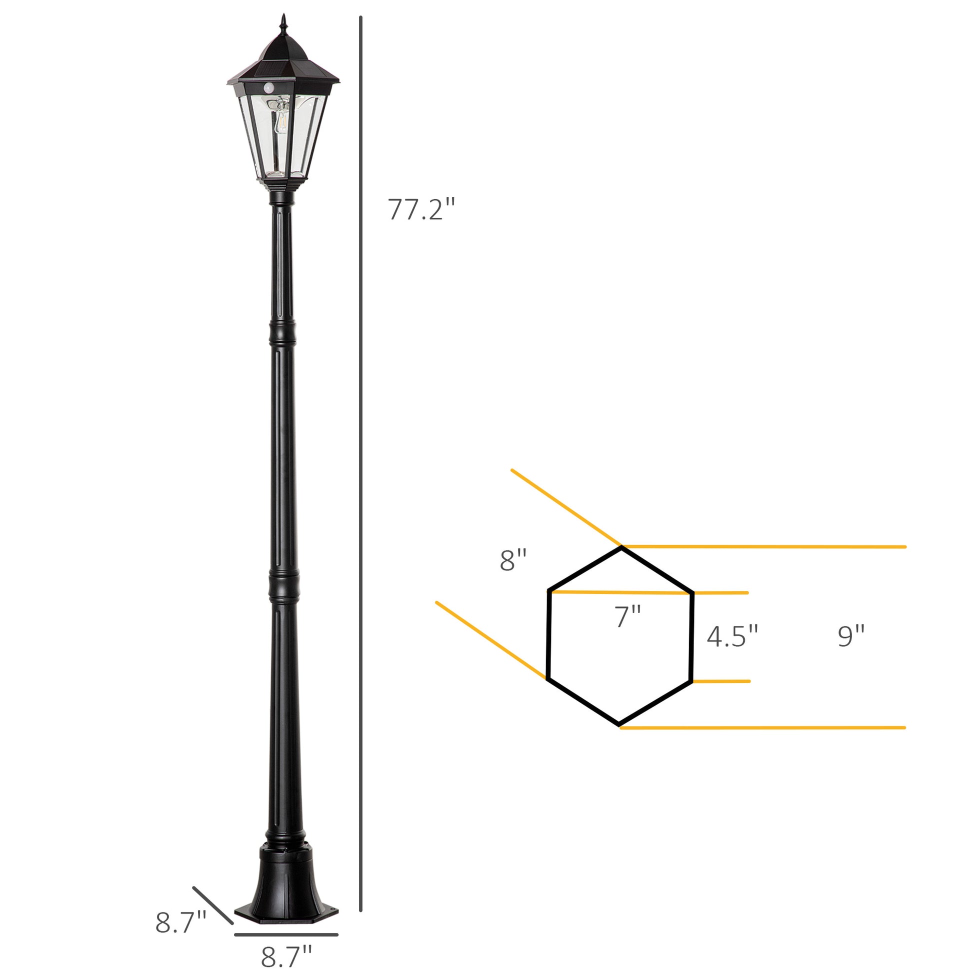 Outsunny 77" Solar Lamp Post Light, Waterproof Aluminum Outdoor Vintage Street Lamp, Motion Activated Sensor Pir, Adjustable Brightness, For Garden, Lawn, Pathway, Driveway, Black Black Aluminum